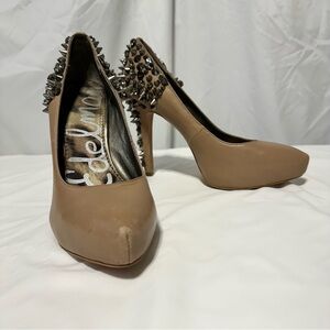 Sam Edelman Rosa Nude Leather Pumps Spike Crystal Embellished Heels sz 9